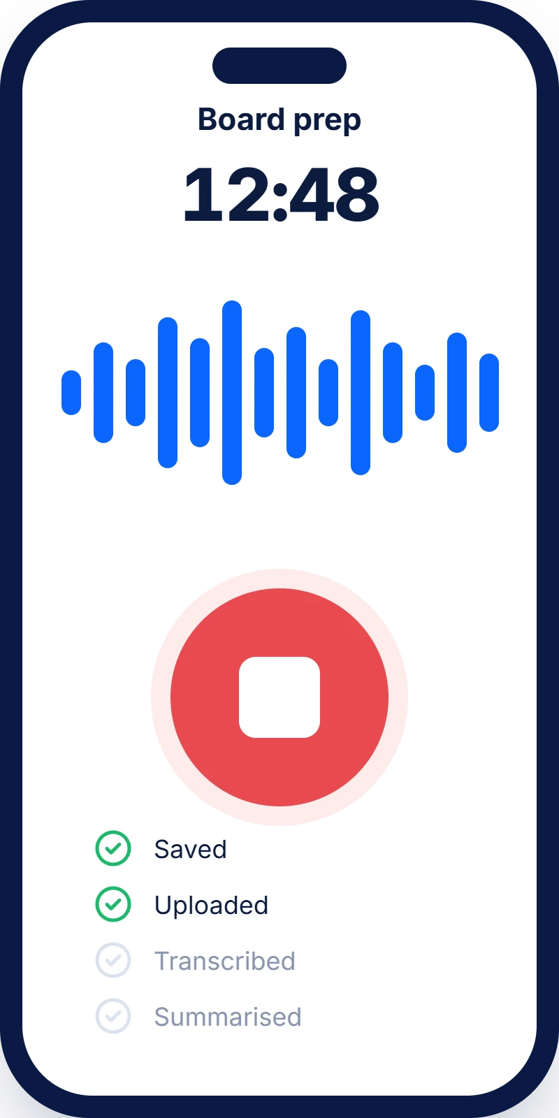 The companion app recording a meeting, then saving, uploading, transcribing and summarising it.